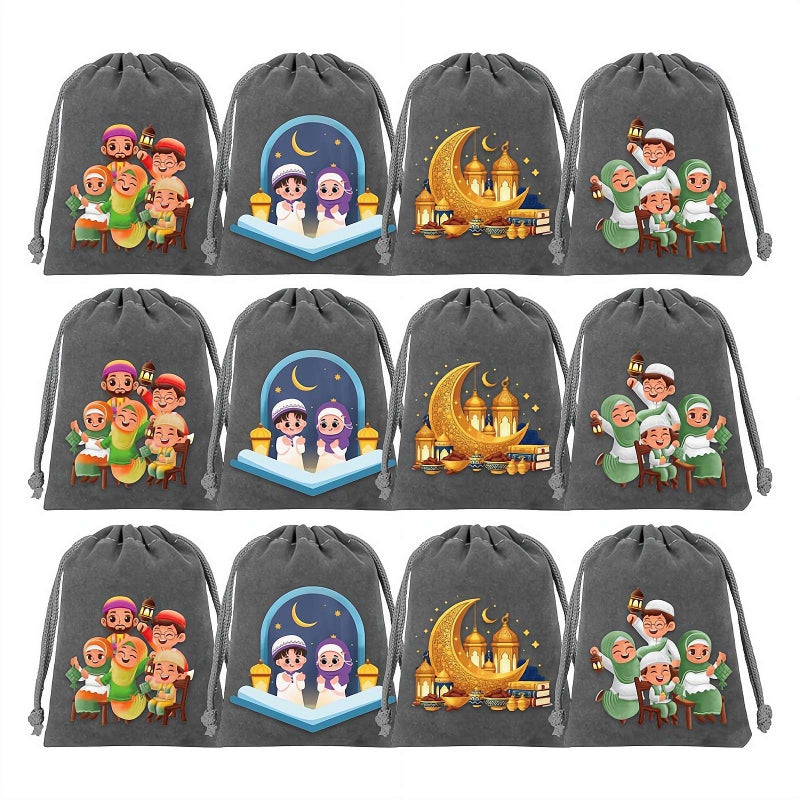 Ramadan Gift Bags, 12PCS Small Eid Mubarak Velvet Bags Jewelry Gift Wrapping Sacks Drawstring Pouches Candy Snack Bags for Islamic Muslim Party Favor Decorations - Image 1